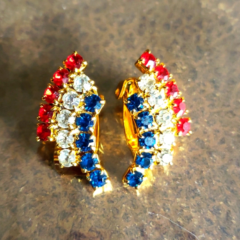 Vintage Rhinestone clasp clip earrings American patriotic red white blue…